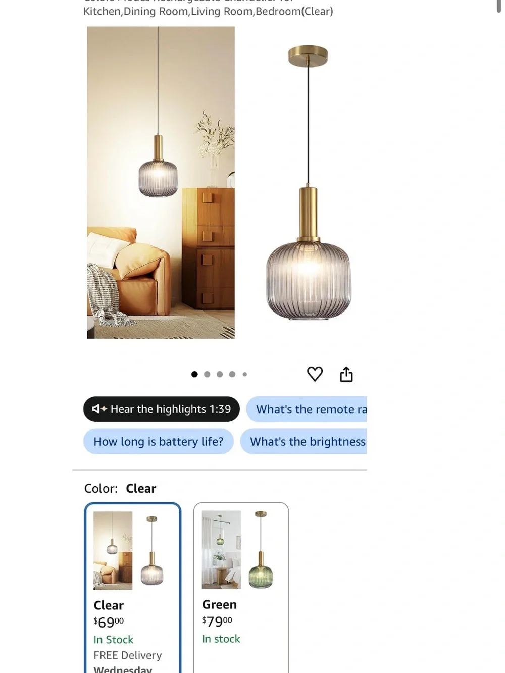 Battery Operated Pendant Light, Dimmable Glass Chandelier, Remote - New in Box